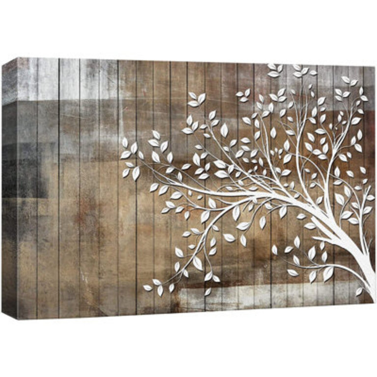Idea4wall Abstract Tree Canvas Wall Art - White Tree Branch With Leaves On Wood Style Background - Gallery Wrap Modern Home Art  Ready To Hang - 12X18 Inches