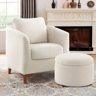 Amold 65 Thick Cushion Upholstered Barrel Accent Armchair With Storage Ottoman and Pillow