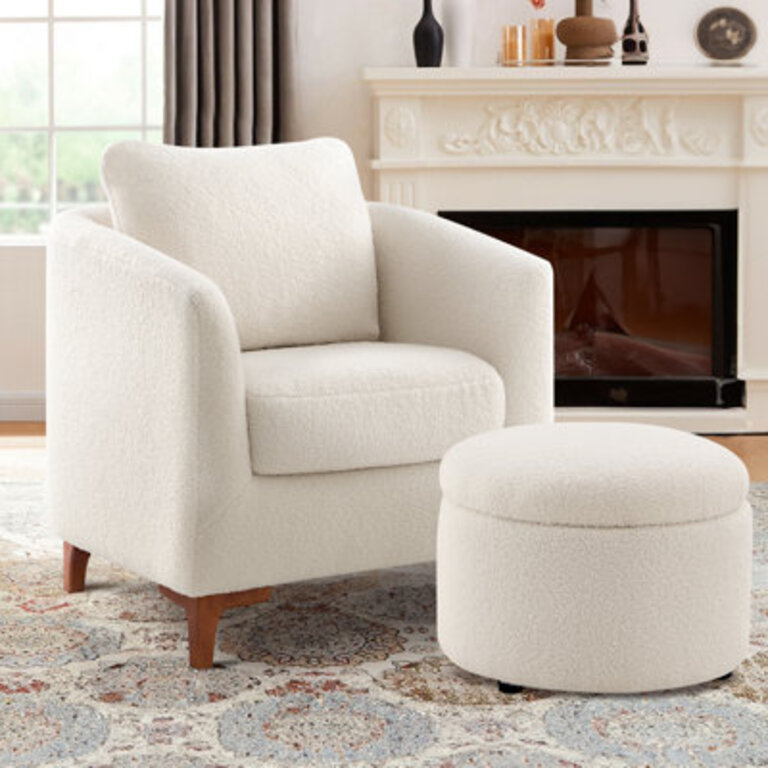 Amold 65 Thick Cushion Upholstered Barrel Accent Armchair With Storage Ottoman and Pillow