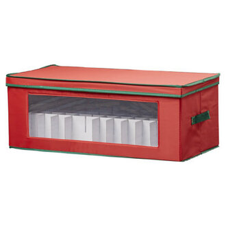 Maye Ornament Storage Box 36 Piece with Dividers Sturdy and Stackable with Handles and Clear Plastic Window Red Polyester Linen with Green Trim 551RED