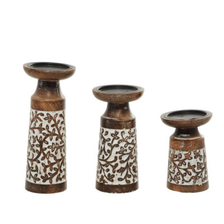 Mango Wood Handmade Minimalistic Bell Shaped Pillar Decorative  Candle Holder Set