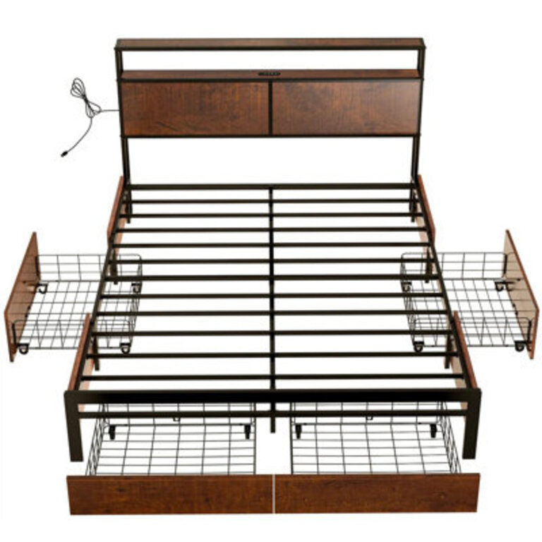 Antioch Modern King Bed with 4 Drawers and Open Storage Headboard Adjustable LED Light and Charging Station No Box Spring Needed