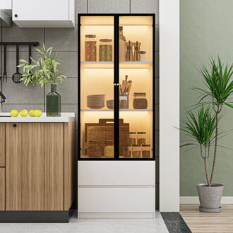 236 Glass Display Cabinet China Cabinet Lighted Dining Cabinet With Glass Doors and Drawers and LED Light