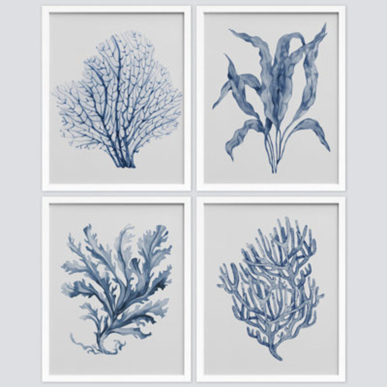 Navy Blue Marine Coral Leaves Floral Botanical Plant Watercolor Minimalism Coastal Modern Art Decor  4 - Pieces