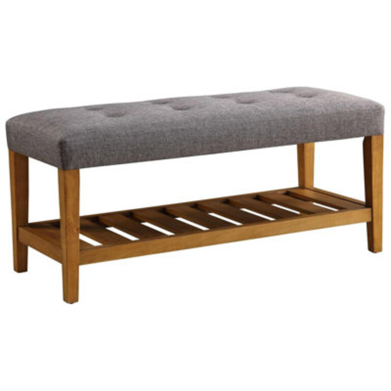 Warwickshire 40 Modern Tufted Storage Bench with Slatted Shelf - Soft Polyester Upholstery  Solid Oak Tapered Legs