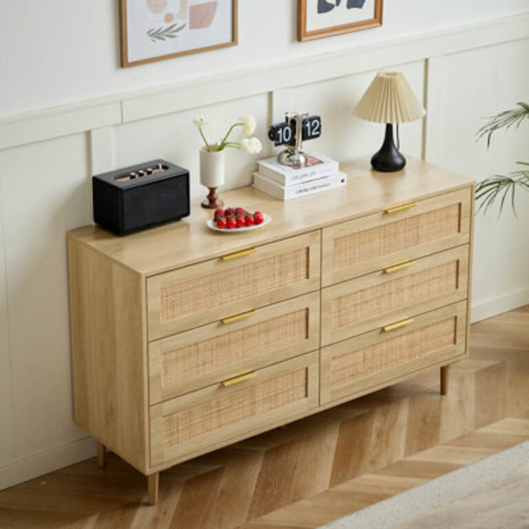 Aimara 51 Rattan 6 Drawer Dresser for Bedroom Boho Wood Dresser with Gold Handles  Wood Legs