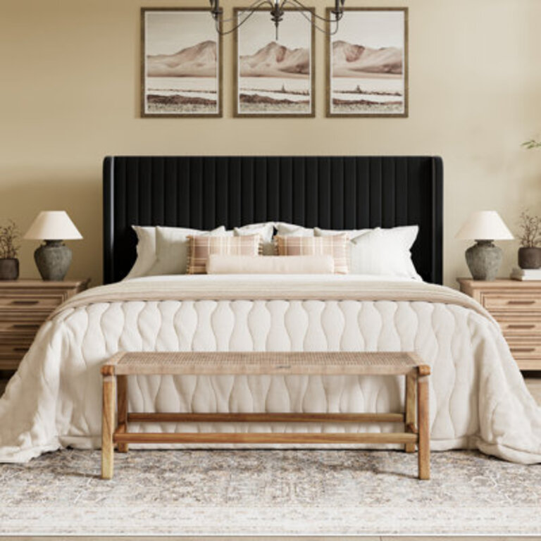 Candler Velvet Upholstered Platform Bed with Wingback Headboard and Wooden Slats
