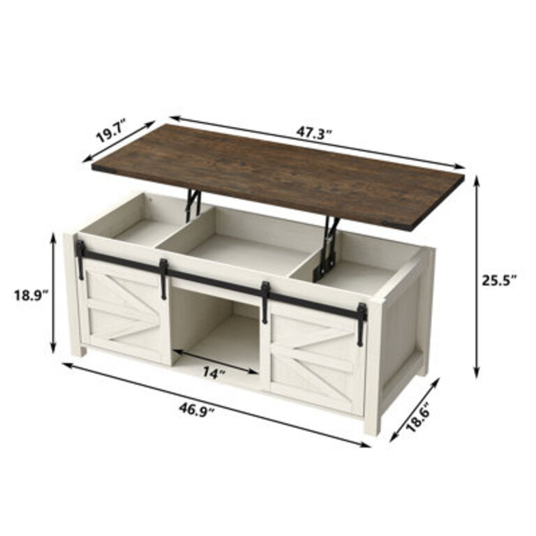Jaquavion Coffee Table Farmhouse Lift Top Coffee Table with Hidden Storage and Sliding Barn Door for Living Room