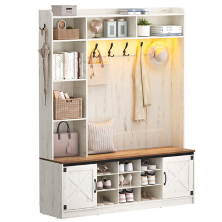 Hall Tree 6-in-1 Farmhouse Entryway Bench with Shoe Storage Bench  Coat Rack Entryway Furniture with 15 Cubbies  5 Tri-Hook Adjustable Shoe Storage