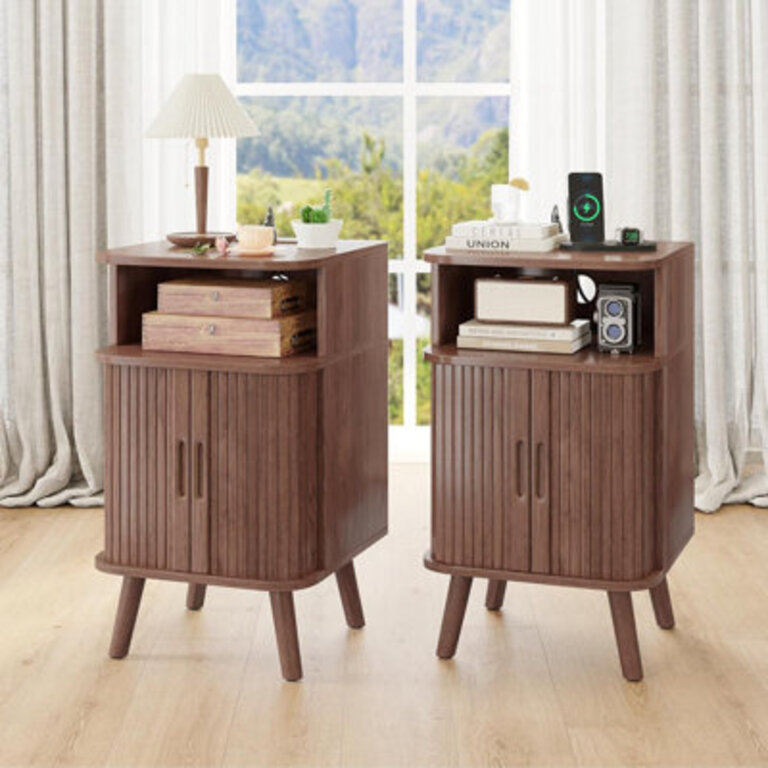 Wood Nightstands Set With Charging Station Mid Century Modern End Side Table With Sliding Doors Fluted Bedside Table WalnutNatural Oak Set of 2