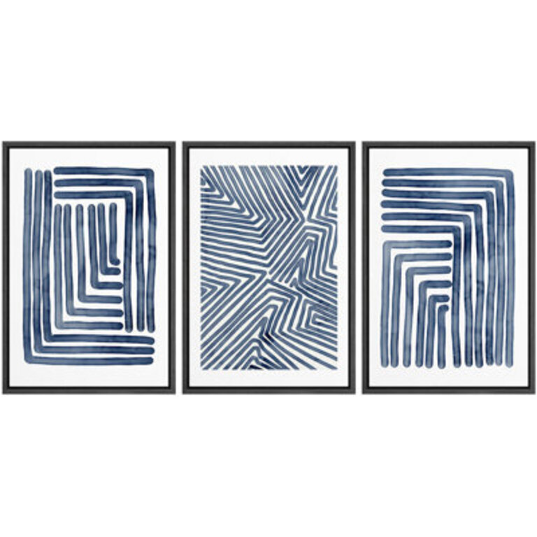 Geometric Line Navy Blue Stripe Abstract Artwork Simple Modern Contemporary Bedroom Wall Pictures Large Framed Canvas Giclee Print 3 Pieces Wall Art Set 16x24x3 pcs 24x36x3 pcs