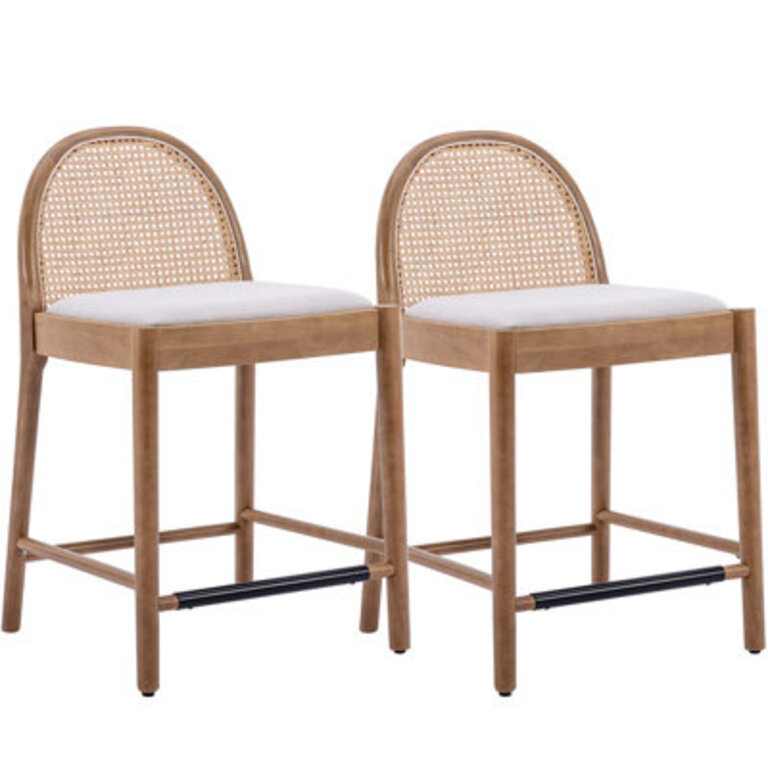 Emington Modern Stools with Rattan Backrests and Wood Frame