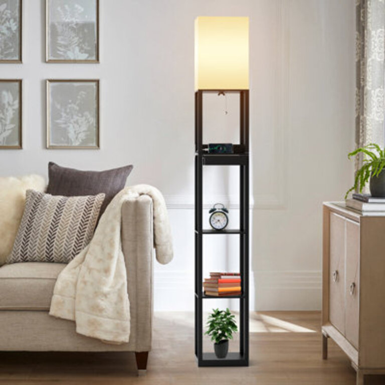 67 Column Floor Lamp with Shelves Solid Wood USB Ports Storage Drawer and Bulb Included