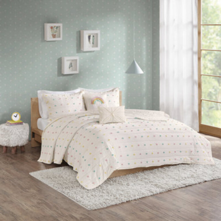 Callie Pom Pom Cotton Jacquard Quilt Set with Throw Pillows