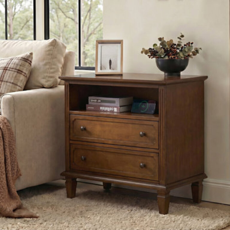 Amberlyn 282W Traditional 2-Drawer Nightstand with Charging Station and Solid Wood Legs and Open Shelf