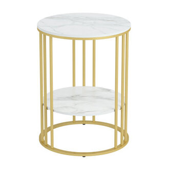 White Stone Side End Table 2-Tier Round Bedside Table With Storage Shelf