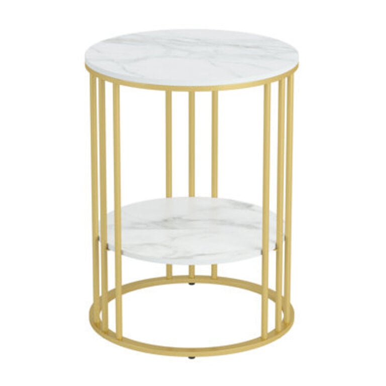 White Stone Side End Table 2-Tier Round Bedside Table With Storage Shelf