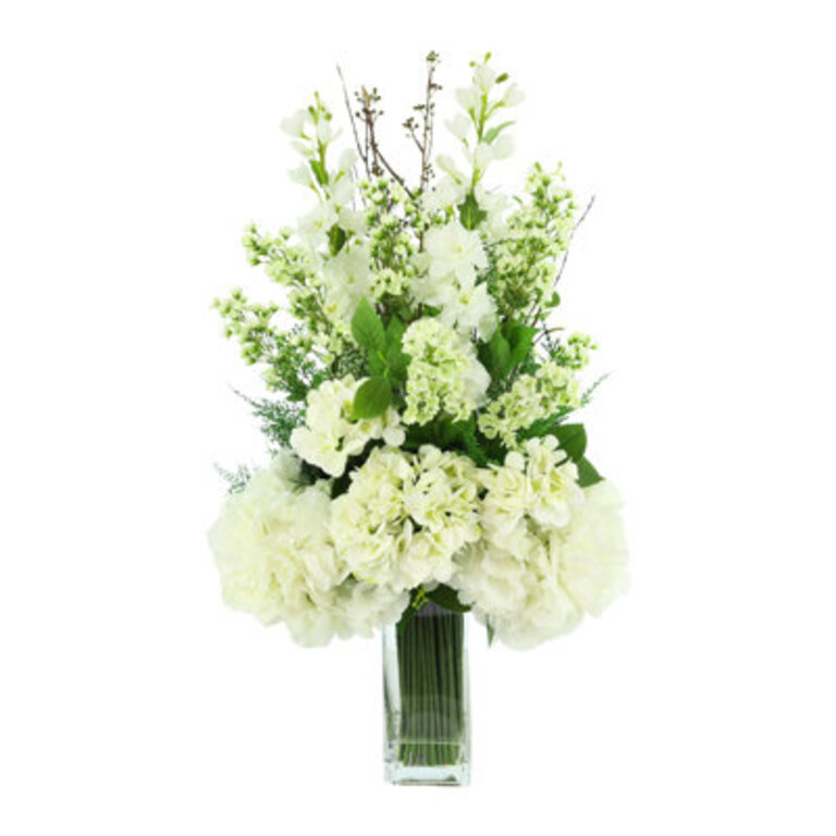 Delphinium Hydrangea and Fern Floral Arrangement in Tall Glass Vase