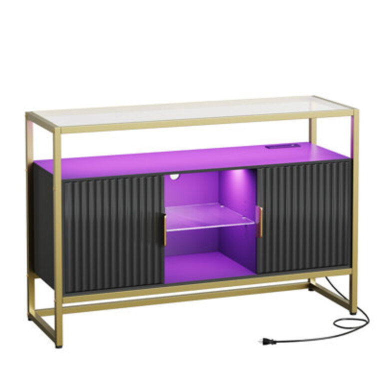 Martee 4567W LED Console Table with Storage Modern Fluted Glossy Cabinet Credenza Adjustable Shelves Entryway Table for Living Room