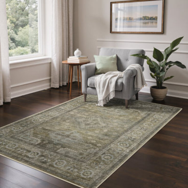 Oriental Machine Washable GreenSage Area Rug with Non-Slip Backing
