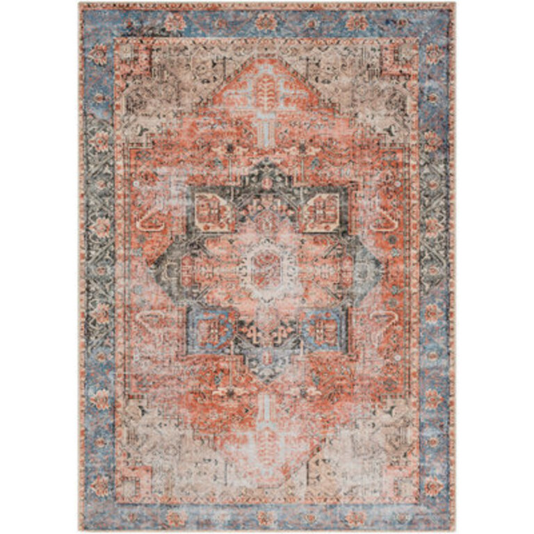 Mya Machine Washable Oriental Brick RedLight Grey Area Rug