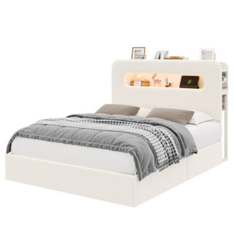 Upholstered Bed Frame Storage Bed with LED and Charging Station