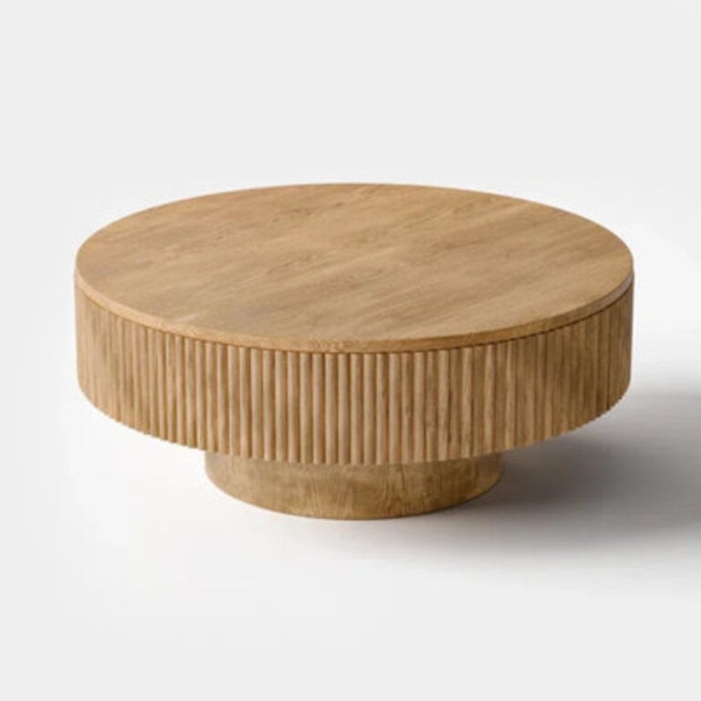 Chibuzor Pedestal Round Coffee Table Handcrafted Solid Wood Fluted Design