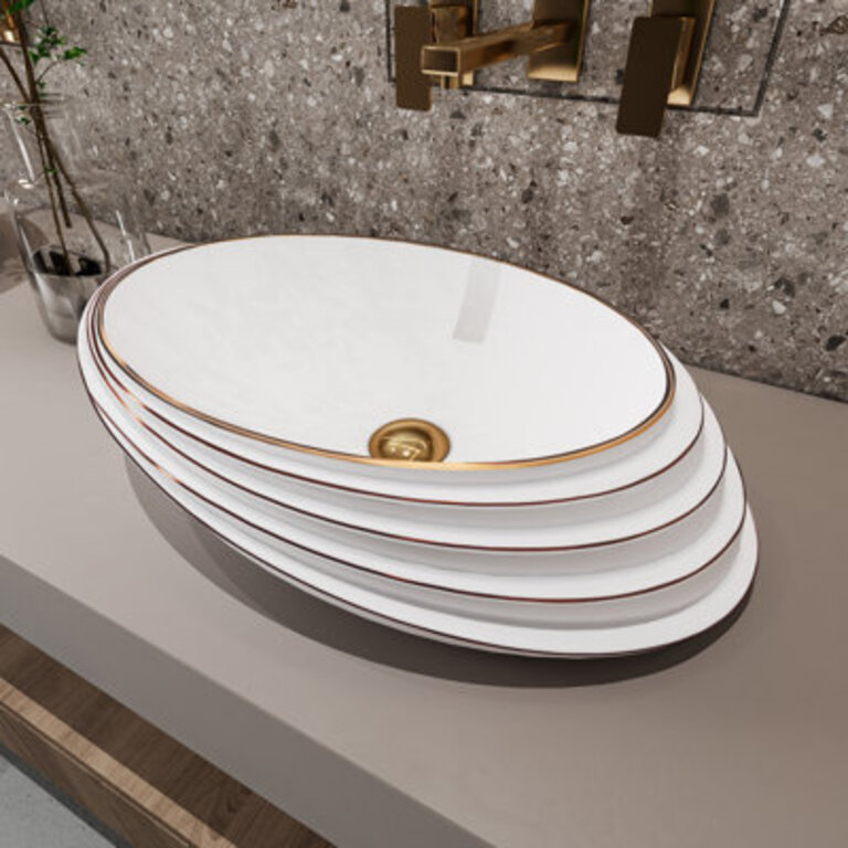 MEJE 21 Rose Gold Embossed Art Basin Ceramic Slant Oval Bathroom Sink with Pop Up Drain