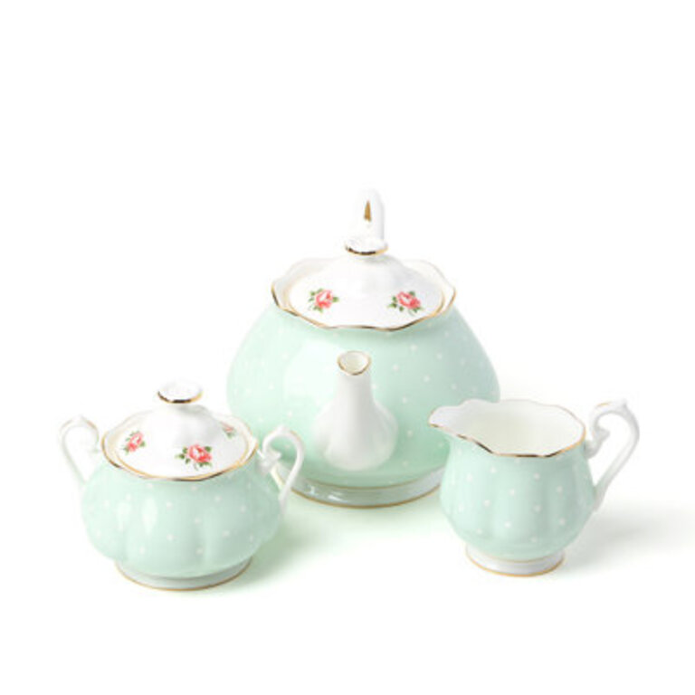 Royal Albert Mint Polka Rose Teapot Sugar Cream 3 Piece Set