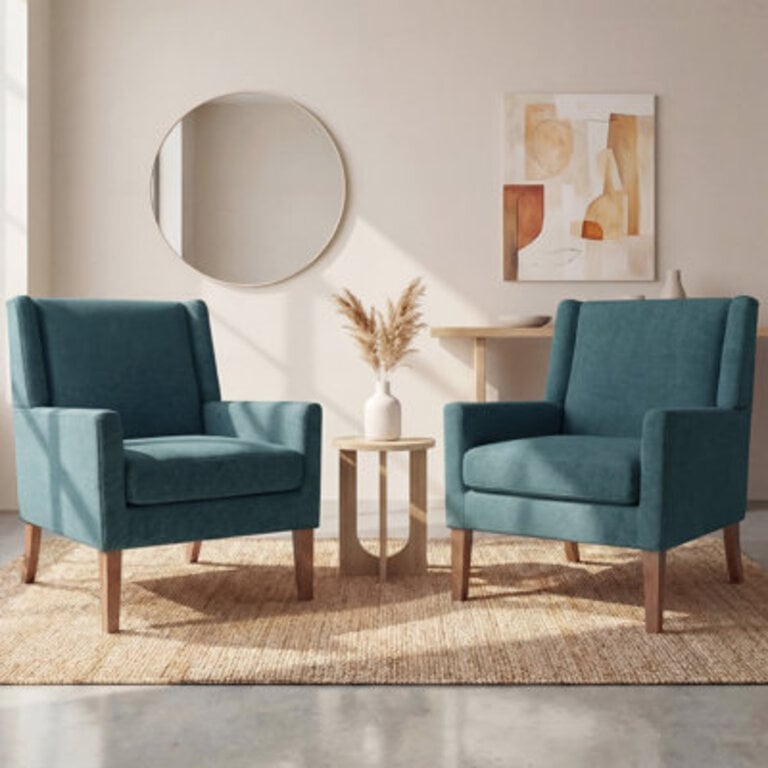 Leston Wide Upholstered Fabric Accent Armchair with Solid Wood Leg