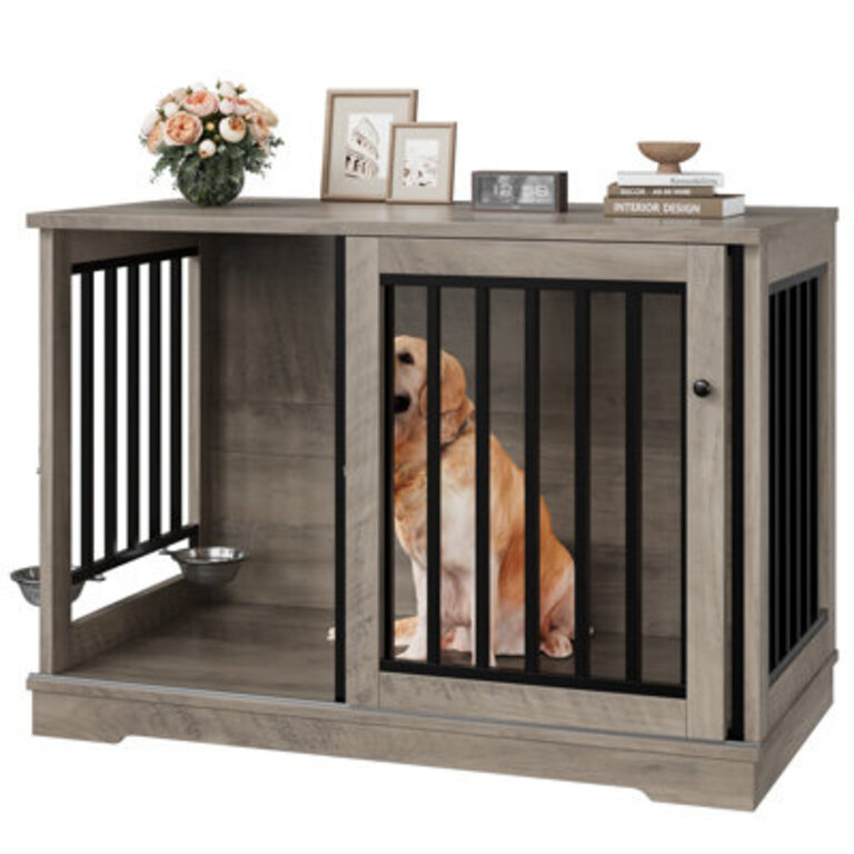 472W Sturdy Large Dog Crate Furniture with 2 Feeding Bowls
