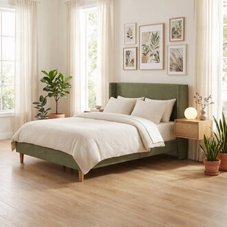 Janine Corduroy Upholstered Wingback Bed with Slat Kit and Solid and Manufactured Wood Frame