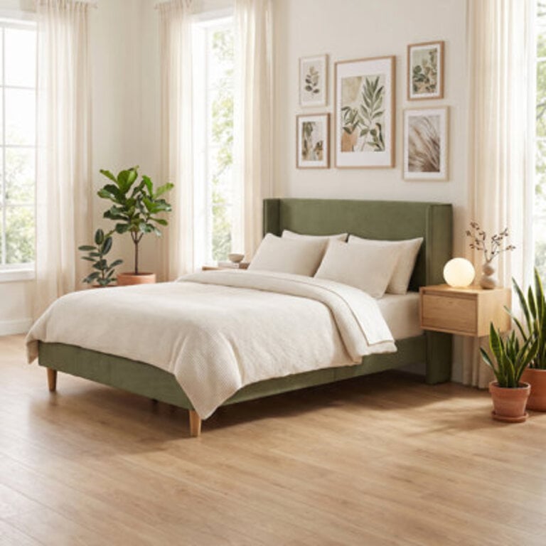 Janine Corduroy Upholstered Wingback Bed with Slat Kit and Solid and Manufactured Wood Frame