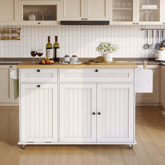 Jamera 602W Kitchen Island with Two Large Storage Cabinets And Drawers Locking Wheels