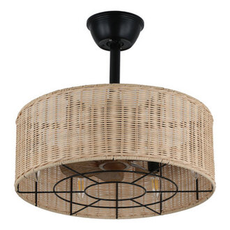 Mika 18 Inch Boho Rattan Caged Ceiling Fan with Lights and Remote 7-Blade Black Bladeless Ceiling Fan Fandelier Ceiling Fans