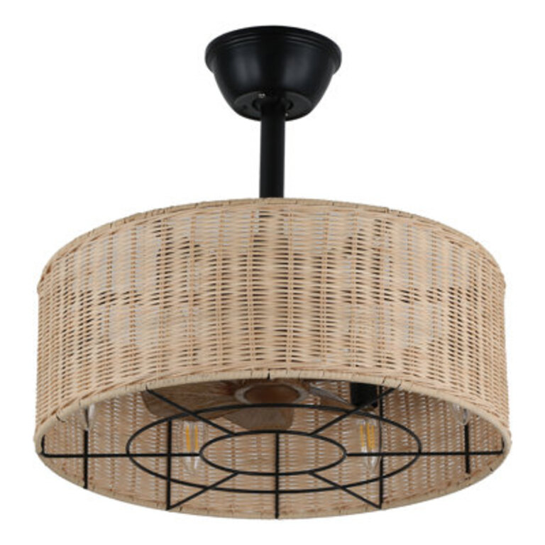 Mika 18 Inch Boho Rattan Caged Ceiling Fan with Lights and Remote 7-Blade Black Bladeless Ceiling Fan Fandelier Ceiling Fans