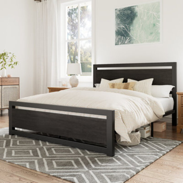 Marilee Wood and Black Metal Frame Bed with Headboard