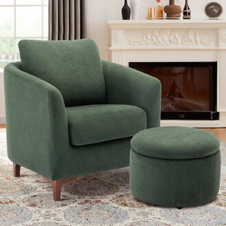 Amold Upholstered Barrel Accent Armchair With Storage Ottoman and Pillow
