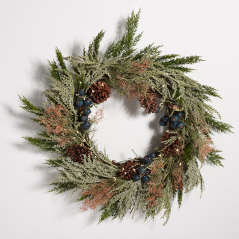 Faux 24 Inch Pine Wreath with Pine Cones  Blueberries