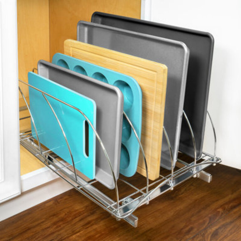 LYNK PROFESSIONAL Pull Out Cutting Board Cookie Sheet and Baking Pan Organizer Rack Chrome