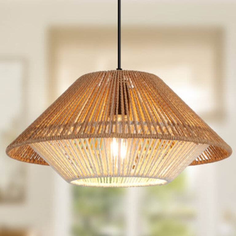 1 - Light Rattan Farmhouse Cone Pendant Light