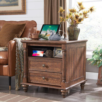 24 Rustic Wood Square Nightstand with Charging Station  Open Shelf