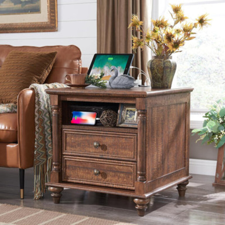24 Rustic Wood Square Nightstand with Charging Station  Open Shelf