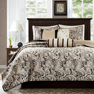 Aubrey Black Jacquard 6-Piece FullQueen Quilt Set with Throw Pillows