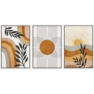 Mid Century Modern Boho Western Orange Brown Sun Artwork Abstract Vibrant Plant Pictures Framed Canvas 3 Pieces Giclee Print Wall Art 16x24x3 pcs 24x36x3 pcs