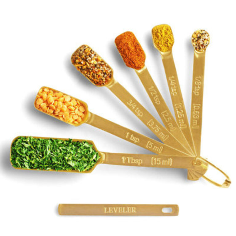 2Lbdepot Gold Measuring Spoons Set Of 7 Includes Bonus Leveller For BakingCooking Premium Kitchen Use Stainless Steel Teaspoons Rust Proof Narrow Design Fits Into Spice Jars