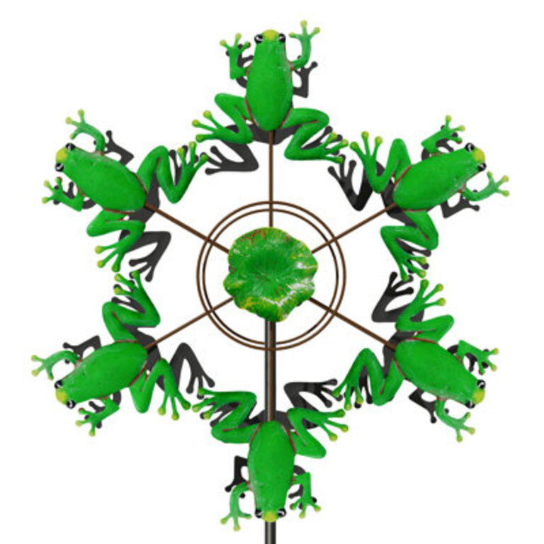 Frog and Lotus Leaf Metal Rotator Green Wind Spinners for Outdoor Yard and Lawn Windmill Garden Stake 728 H