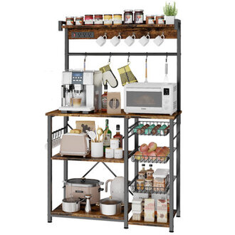 382 Bakers Rack with Power Outlets Microwave Stand Coffee Bar 3 Wire Baskets 10 S-Hooks