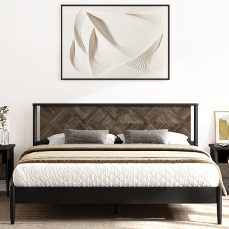 Cartlin Mid Century Modern Acacia Wood Platform Bed Frame with Artistic Chevron Headboard  Mystic Black Finish 800lbs Heavy Duty No Box Spring Needed