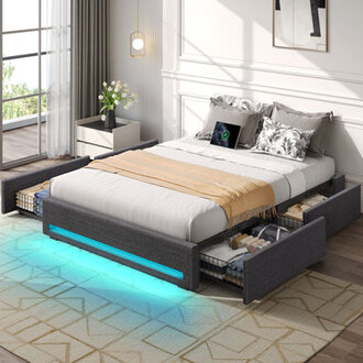 Platform Bed Frame with 4 Storage Drawers Upholstered Bed with Outlets and LED Lights No Headboard